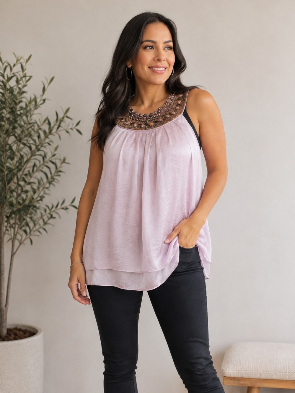 Dress Barn Women's Soft Pink Beaded Sleeveless Shirt Size Large